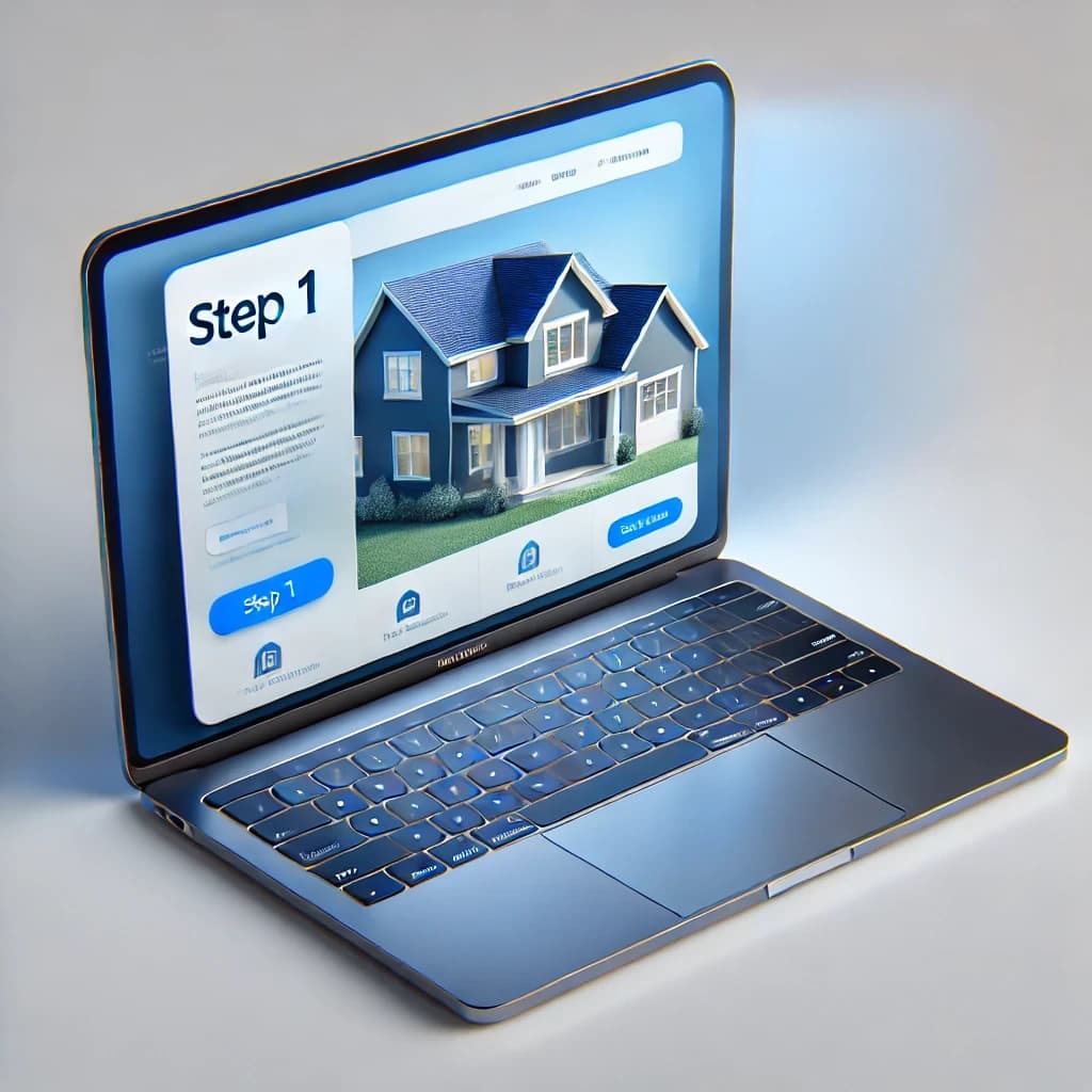 Open laptop displaying a vibrant image of a house on the screen, set against a clean white background. The laptop is flipped horizontally, designed with sleek blue and gray tones for a professional and trustworthy appearance.