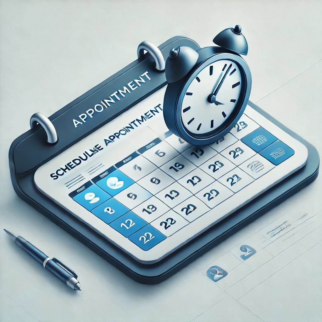 Open laptop displaying a digital calendar with a highlighted appointment date and a clock overlay, symbolizing the ease of scheduling a home consultation with KJH Properties. The design features sleek blue and gray tones on a clean white background, conveying professionalism and trust.