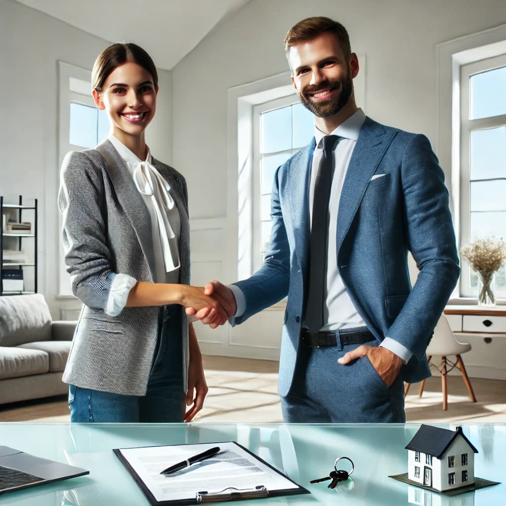 A professional man and woman shaking hands in a bright, modern office with large windows, natural light, and a clean desk featuring documents and house keys. This image represents a successful property sale closing with KJH Properties.