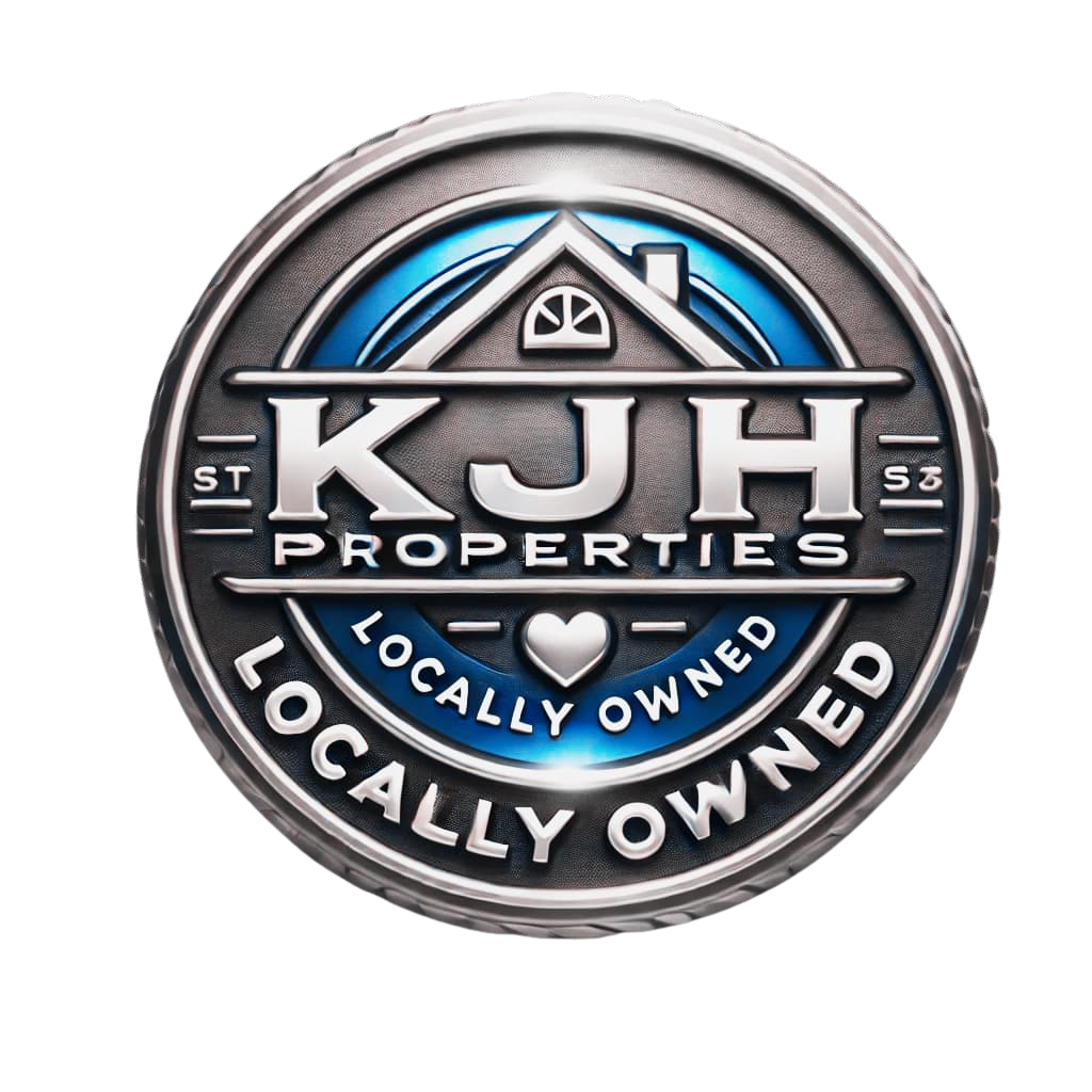 "Trust badge for KJH Properties with a circular metallic blue and silver design, featuring a house with a heart icon in the center. The text 'KJH Properties' is at the top and 'Locally Owned' at the bottom in bold, modern sans-serif font.