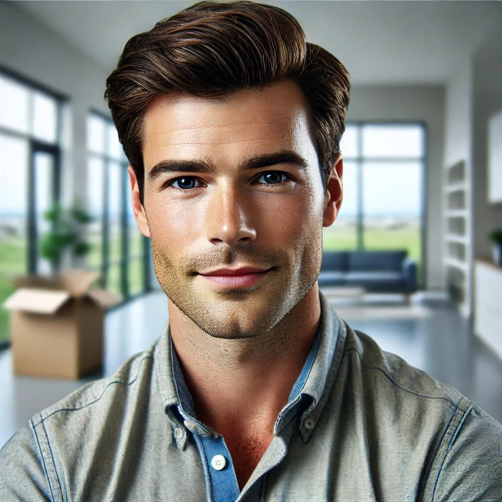 Confident young man in a modern, bright home, smiling with satisfaction after selling his house quickly due to a job relocation with the help of KJH Properties